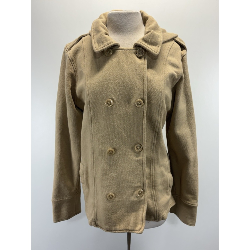 J Peterman Women M Tan Double Breasted Jacket Pea Coat Removable Hood Cotton